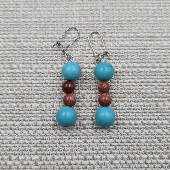 Silver Plated Howlite And Goldstone Dangle Earrings A6334 - Picture 1 of 5